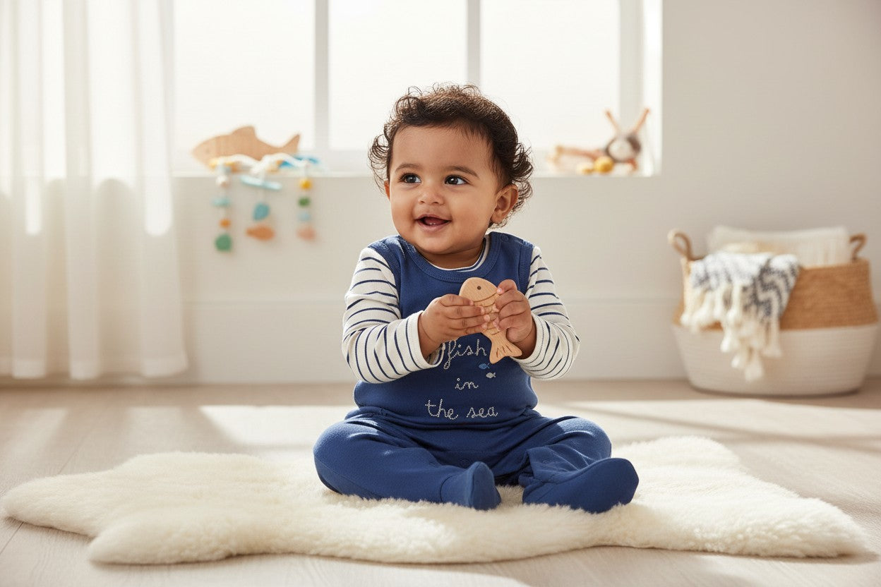 Navy Blue Romper Set - Fish Print