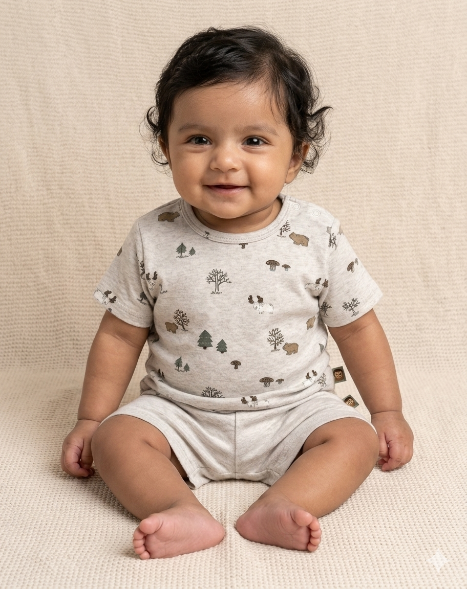 Forest Print Shorty Set - Oat Beige