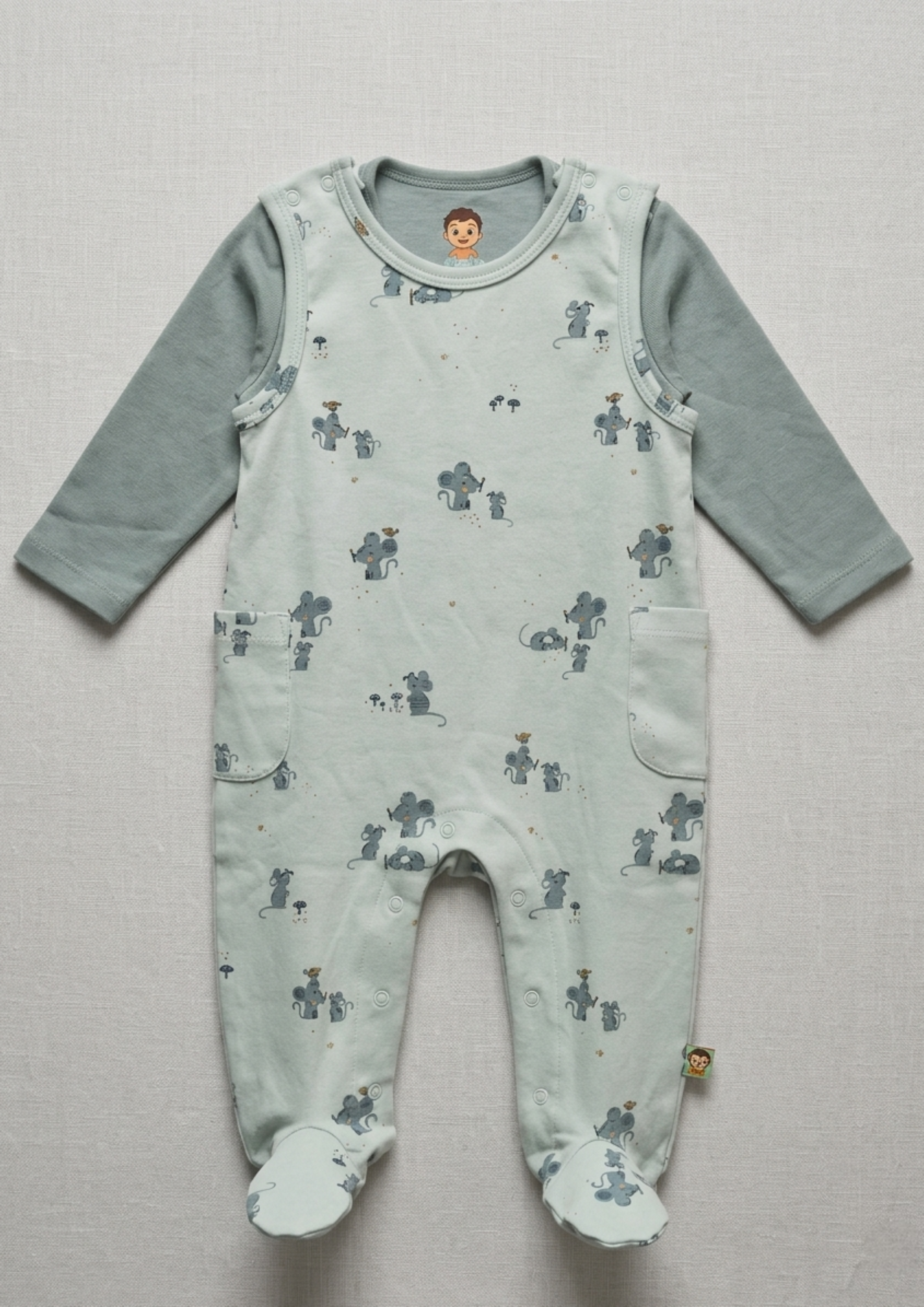 Mouse Print Romper Set - Sage Green